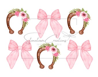 Ferraduras, flores e laços em aquarela rosa PNG - Demure Coquette Download digital para artesanato e sublimação