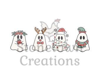 May include: Four white ghosts dressed in festive Christmas attire. One ghost wears a wreath of holly, another has reindeer antlers, one is wrapped in Christmas lights, and the last one is wearing a green elf hat and scarf.