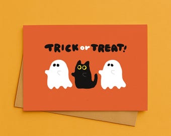 Niedliche Geist und Katzen-Halloween-Karte - Süßes oder Saures Illustration zum Ausdrucken, digitale Grußkarte, Sofort Download, leere Karte