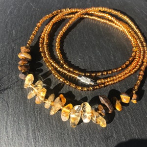 Waist bead with tiger's eye, calcite and gold topaz gemstones