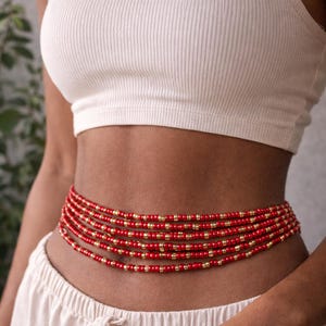 Ruby Radiance Waist Beads 3mm – Handmade Red Tie-On Waist Bead Jewelry | Adjustable Length