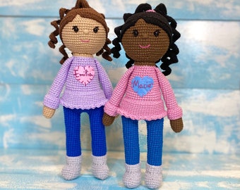 Personalized African American doll, personalized  Hispanic doll, soft Latino doll, crochet dolls, organic cotton dolls, doll in pants