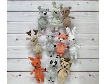 Amigurumi Stuffed Animal, Forest Animal Knit Toys, Wolf, Gray bunny, White bunny, Bear, Deer, Mouse, Fox,  Squirrel, Raccoon, Hedgehog