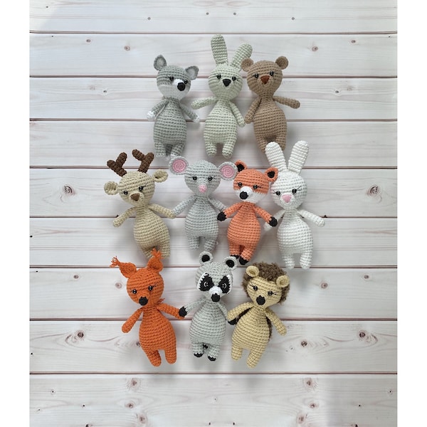 Amigurumi Stuffed Animal, Forest Animal Knit Toys, Wolf, Gray bunny, White bunny, Bear, Deer, Mouse, Fox,  Squirrel, Raccoon, Hedgehog