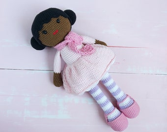 Crochet doll with pink dress , African American doll , organic cotton toy for Black baby girl