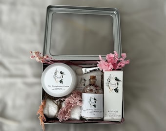 Set de regalo de cuidado de la piel artesanal: sales de baño, mascarilla facial y aceite en lata ecológica