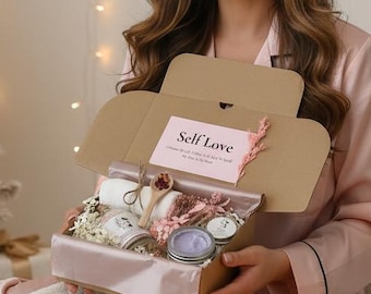 Caja de regalo de spa SELF LOVE SKINCARE para su cumpleaños, caja de mimos vegana y ecológica con sales de baño, bálsamo labial y exfoliante de azúcar.