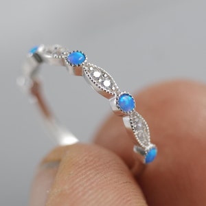 Blue Fire Opal CZ Band 925 Sterling Silver Ring Lab grown Opal Wedding Band Dainty Stackable Thumb Ring Opal inlay ring October Birthstone