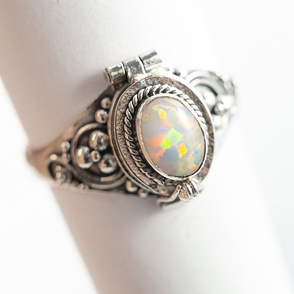 Oval White Fire Opal 925 Sterling Silver Locket Memorial Ring Poison Ring Lab grown Opal October Birthstone Fast shipping from USA!