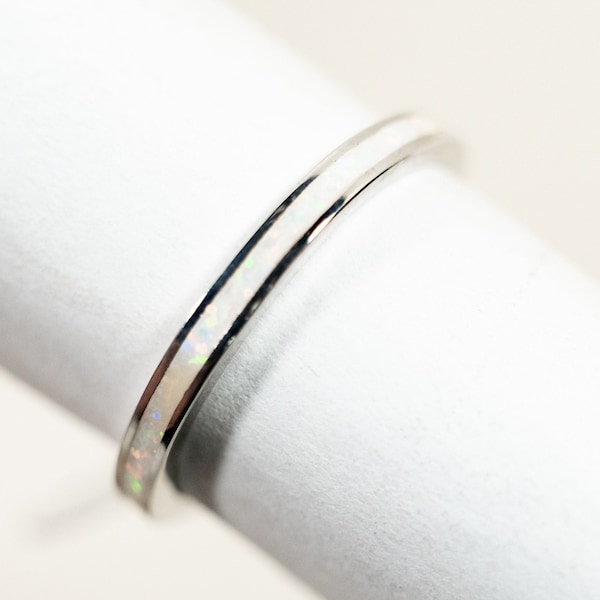 White Fire Opal Band 925 Sterling Silver Ring Lab grown Opal Wedding Band Dainty Stackable Thumb Ring Opal inlay ring October Birthstone A1