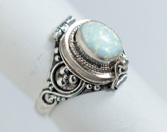 Oval White Fire Opal 925 Sterling Silver Locket Memorial Ring Poison Ring Lab grown Opal October Birthstone Fast shipping from USA!