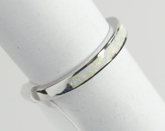 White Fire Opal Band 925 Sterling Silver Ring Lab grown Opal Wedding Band Dainty Stackable Thumb Ring Opal inlay ring October Birthstone A1