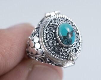 Genuine Turquoise 925 Sterling Silver Poison Ring Large Locket Ring Blue Turquoise December Birthstone Size 6 Fast shipping from USA! 6-a