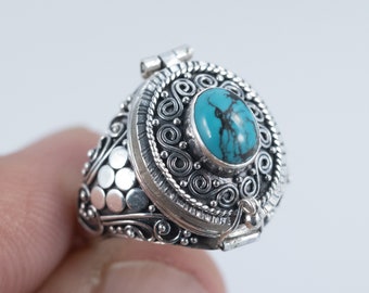 Genuine Turquoise 925 Sterling Silver Poison Ring Large Locket Ring Blue Turquoise December Birthstone Size 8 Fast shipping from USA! 8-a