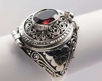 Large Garnet 925 Sterling SILVER Poison Ring Locket Ring Natural Oval Red Garnet January Birthstone Bali Ring Fast shipping from USA !