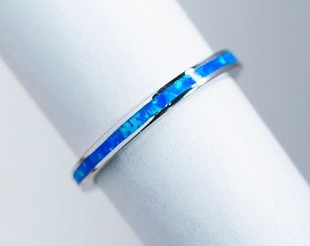 Blue Fire Opal Band 925 Sterling Silver Ring Lab grown Blue Opal Wedding Band Dainty Stackable Thumb Ring Opal inlay October Birthstone A1