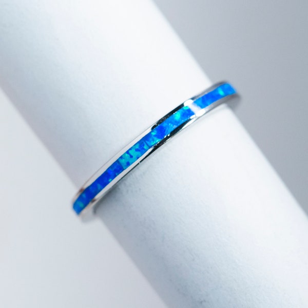 Blue Fire Opal Band 925 Sterling Silver Ring Lab grown Blue Opal Wedding Band Dainty Stackable Thumb Ring Opal inlay October Birthstone A1