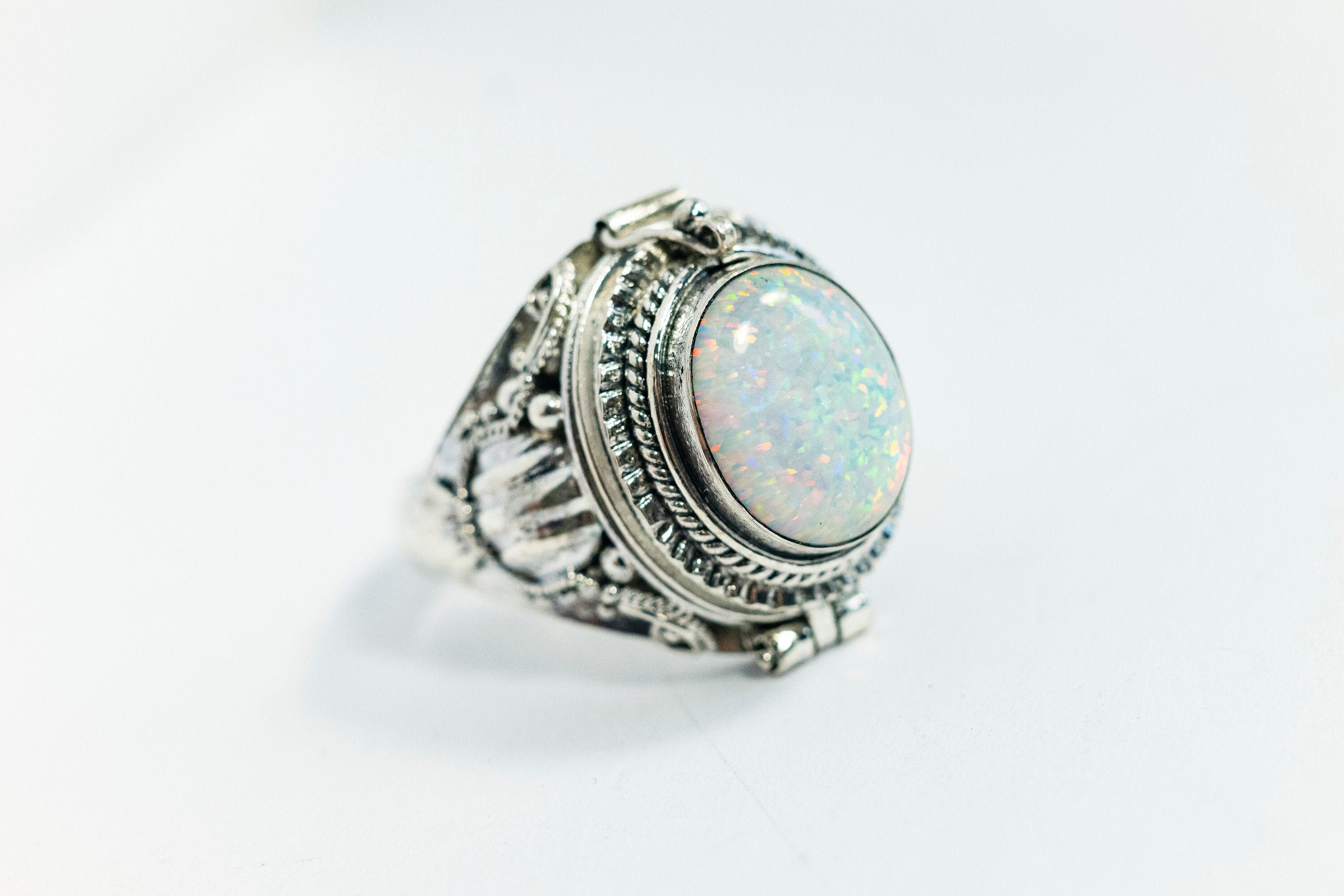 Large Oval Fire White Opal 925 Sterling Silver Poison Ring Lab grown White Opal Silver Ring October Birthstone Fast shipping from USA!