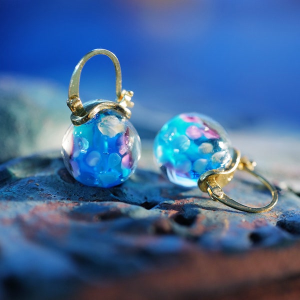 Artisan Hand Blown Glass Ball Earrings Gold / Silver plated Blue Floral Earrings Dangle Lever back Bohemian Earrings Fast shipping from USA!