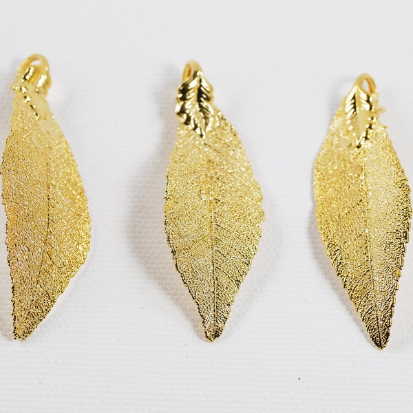 3 Real Cherry Leaves dipped in 24K Gold Cherry Leaf Pendant Charm Necklace Wholesale Jewelry Supplies Vintage 1980's Natural Leaf Lot B3