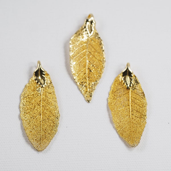 3 Real Cherry Leaves dipped in 24K Gold Cherry Leaf Pendant Charm Necklace Wholesale Jewelry Supplies Vintage 1980's Natural Leaf Lot B13