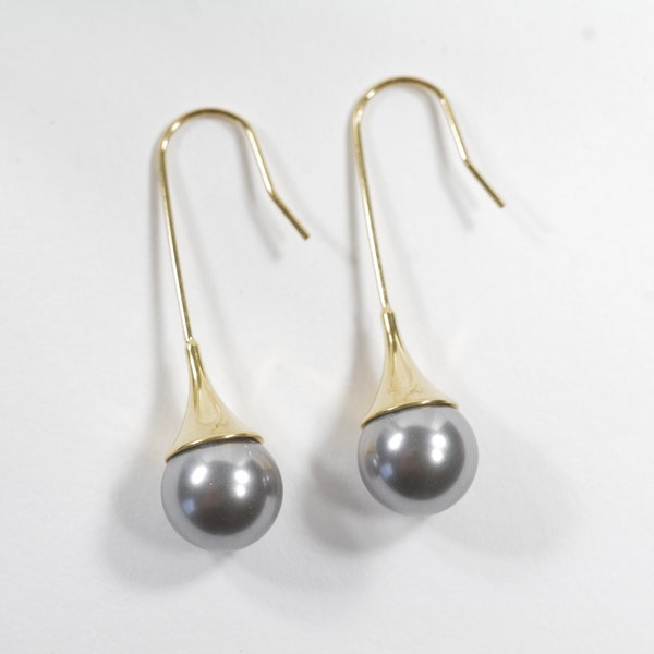 8 mm Gray Pearl Earrings Cute Drop Earrings Gold Plated Bridal Jewelry Bridesmaid Earrings June Birthstone Fast shipping from USA! A2