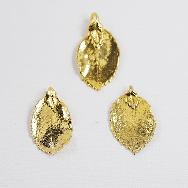 3 Real Rose Leaves dipped in 24K Gold Rose Leaf Pendant Charm Necklace Wholesale Jewelry Supplies Vintage 1980's Natural Leaf Lot B14