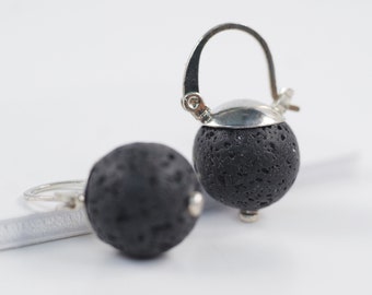 Black Lava Stone Ball Earrings Silver plated Dangle Lever back Bohemian Earrings Fast shipping from USA! A2