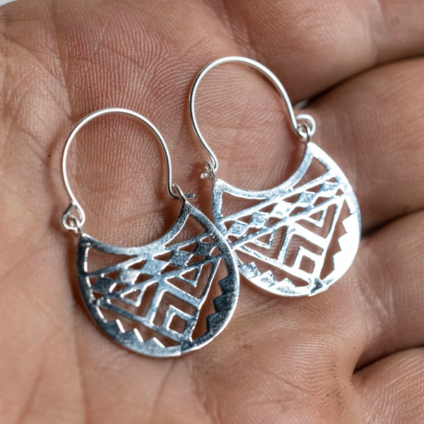 Southwestern Hoops Earrings 925 Sterling Silver Geometric Design Tribal Earrings  Gypsy style Ethnic Earrings Artisan Hoop Earrings A2