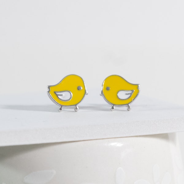 Tiny Bird Earrings Sterling Silver Enamel Stud Bird Earrings Yellow Enamel Dainty Bird Post Gift For Bird Lovers Fast Shipping from USA! A2