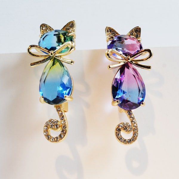 Vintage Inspired Cat Brooch Pin Cute Green to Blue, Purple to Blue Crystal Cat Brooch Fast shipping from USA! A2