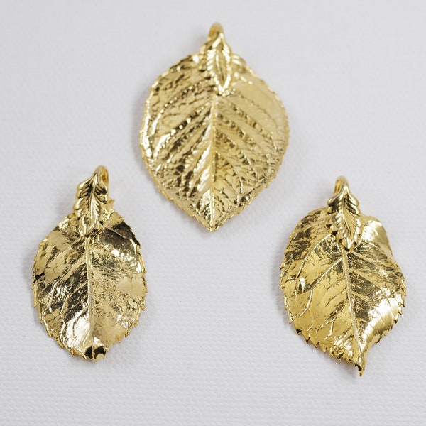 3 Real Rose Leaves dipped in 24K Gold Rose Leaf Pendant Charm Necklace Wholesale Jewelry Supplies Vintage 1980's Natural Leaf Lot B19