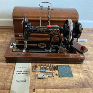 Rare Vintage L.O Dietrich (Vesta) Cylinder Shuttle Hand Cranked Sewing Machine with Case, Key, attachments and Instruction Booklet c.1930’s