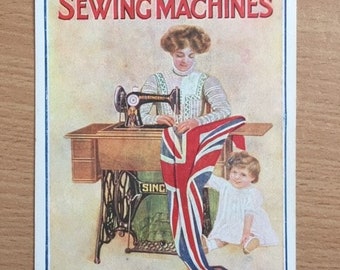 Carte postale publicitaire vintage « Best & British Built » pour machine à coudre Singer, vers 1900