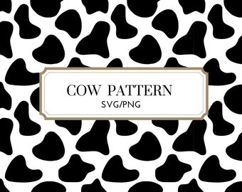 Puede incluir: Patrón de vaca en blanco y negro. El patrón es sin costuras y se puede utilizar para una variedad de proyectos. El texto "COW PATTERN SVG/PNG" está en el centro de la imagen.