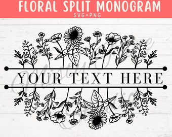 Puede incluir: Diseño de monograma floral dividido en blanco y negro con el texto "YOUR TEXT HERE" en el centro. El diseño presenta una variedad de flores y hojas, incluyendo girasoles, margaritas y helechos.