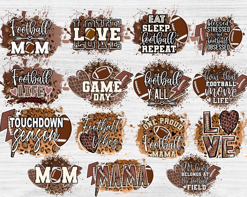 May include: A collection of 12 digital designs featuring football-themed phrases and graphics. The designs are set against a brown and tan leopard print background with brown paint splatters. The designs include phrases like "Football Mom", "Game Day", "Football Y'all", and "One Proud Football Mama".