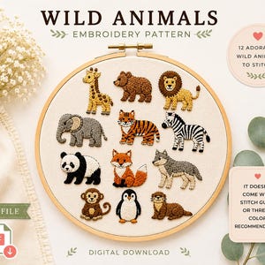 Stickvorlage „Wildtiere“ (PDF) | Drucken und Sticken | Handstickvorlage | Einfache Stickvorlage