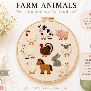 農場の動物の刺繍PDFパターン｜印刷して縫う｜手刺繍パターン｜シンプルな刺繍パターン