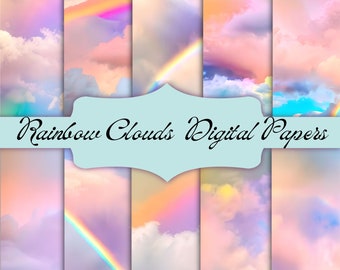 Może przedstawiać: Zestaw sześciu cyfrowych papierów z tęczą i chmurami w pastelowych odcieniach różowego, niebieskiego i żółtego.  "Rainbow Clouds Digital Papers" jest napisane czarnym kursywą na jasnoniebieskim banerze.