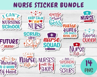May include: A set of 14 printable nurse-themed stickers. The stickers feature various designs and sayings, including "I'm in Nursing School", "Keep Calm I'm a Nurse", "Nurse Life is the Best Life", "Trauma Queen", and "This Superhero Wears Scrubs".