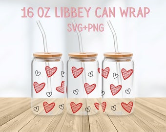 Hearts Libbey Glass Wrap SVG, Love Hearts, Valentine Libbey Can SVG Wrap, Love Heart SVG files for Cricut  svg, commercial license