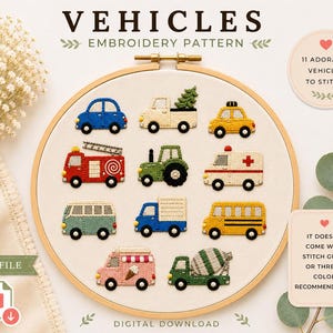 Vehicles Embroidery PDF Pattern | Print and Stitch | Hand Embroidery pattern | Simple embroidery Pattern