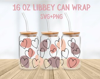 Hearts Libbey Glass Wrap SVG, Love Hearts, Valentine Libbey Can SVG Wrap, Boho Heart SVG files for Cricut  svg, commercial license