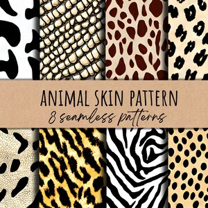 May include: Eight seamless animal skin patterns in a collage. The patterns include cow, snake, giraffe, leopard, cheetah, zebra, dalmatian, and a gold and black pattern.