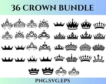 May include: A set of 36 black and white crown SVG cut files. The crowns are in various styles, including simple, ornate, and heart-shaped.
