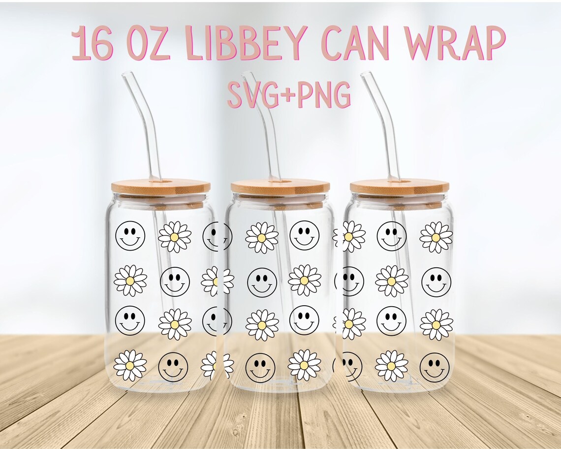 Daisy & Smiley Libbey Glass SVG, Daisies Beer Can Glass SVG, Full Wrap ...