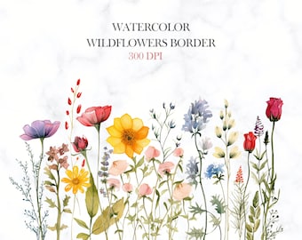 Bordi floreali dell'acquerello, Clipart bordi floreali, fiori selvatici, fiori di campo dell'acquerello, bordi prefabbricati, clipart di matrimonio