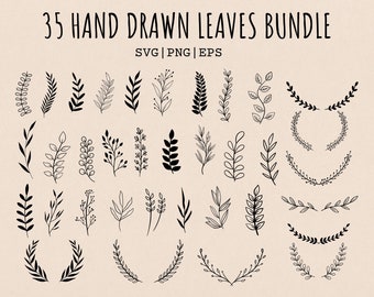 35 Leaves SVG Bundle, Hand Drawn Leaves SVG, Plant Svg, Paper Leaves, Leaf Templates, Wreath, Leaf Clipart,  SVG