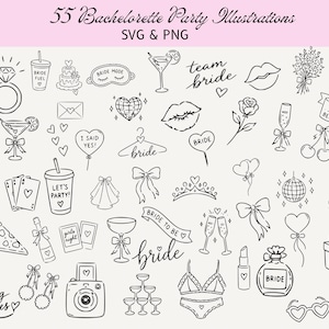 Könnte beinhalten: Schwarz-Weiß-Illustrationen für einen Junggesellinnenabschied, darunter Champagnerflaschen, Ringe, Cocktails und Texte wie "Bride", "Team Bride" und "Let's Party!". Das Bild enthält auch verschiedene Party-Grafiken.